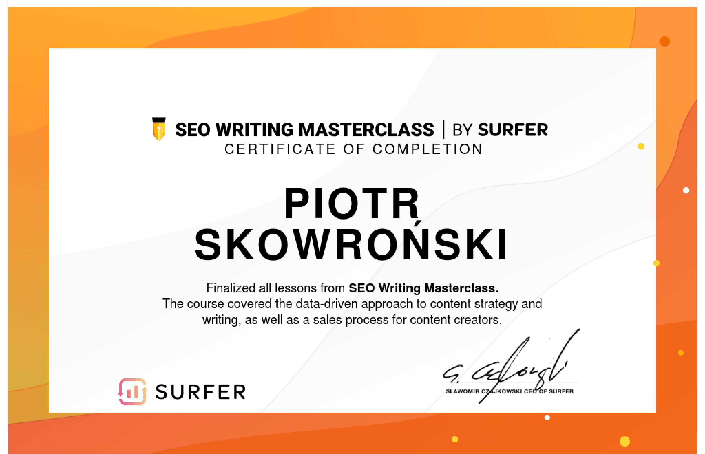 Certificate SEO Writing Masterclass - Piotr Skowroński